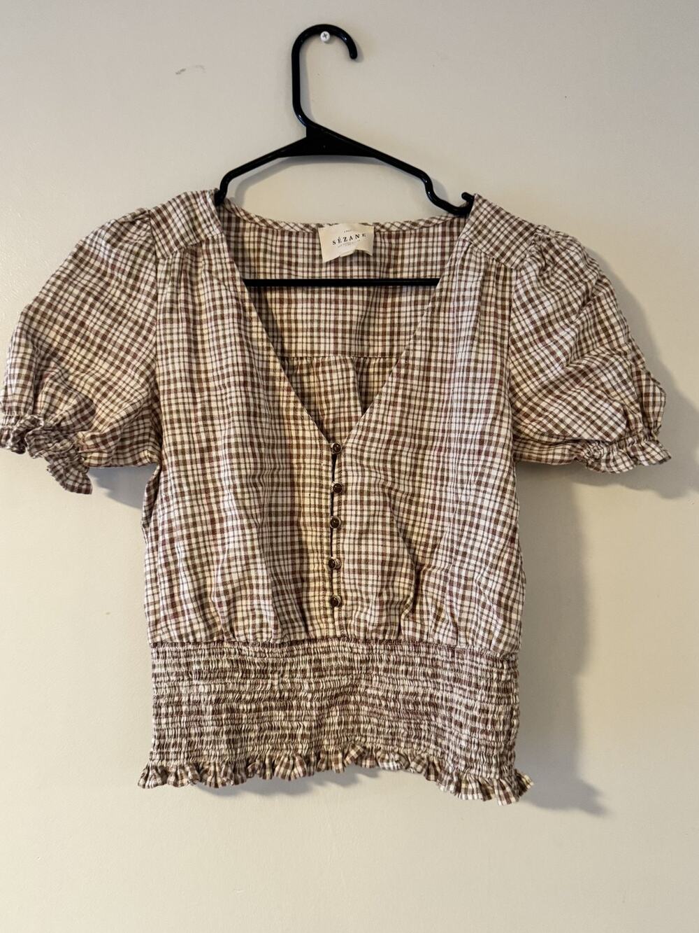 SEZANE Brown Check Linen Cotton Puff Sleeve Smocked Blouse Womens 36 US 4